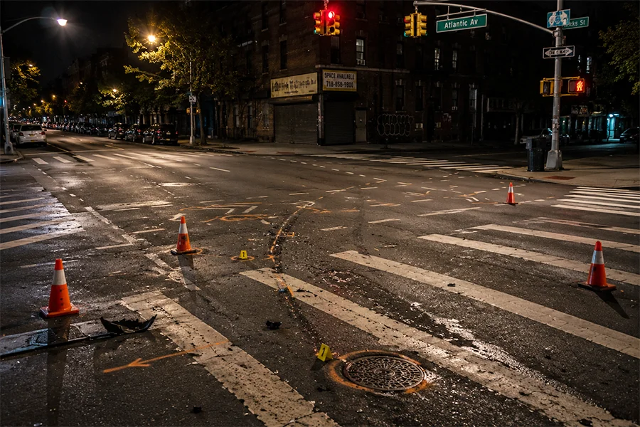 Brooklyn street intersection at night with orange traffic cones and evidence markers after an accident