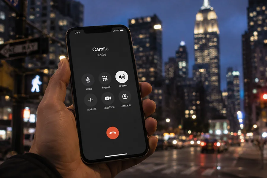 Hand holding a phone on an active call with the blurred New York City skyline at night