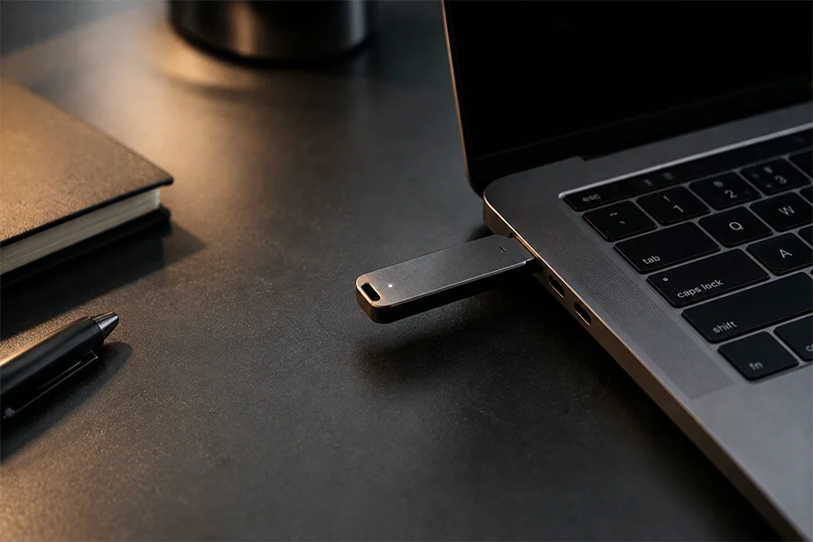 USB drive connected to a laptop on a desk during background records research
