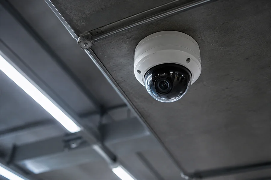 Dome security camera mounted on an office ceiling monitoring the workspace