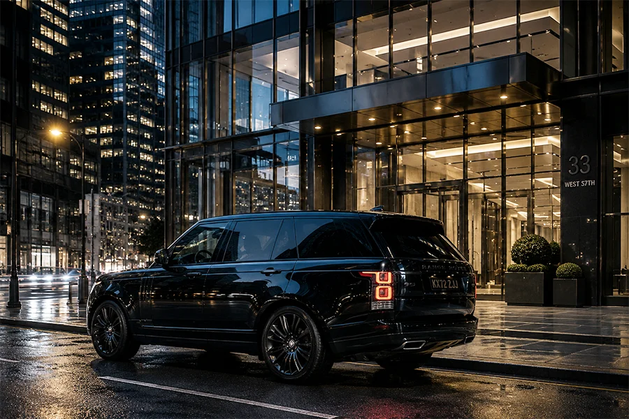 Black SUV parked in front of a glass corporate building in Manhattan