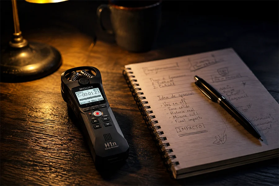 Notebook and audio recorder on a desk used to document investigation findings