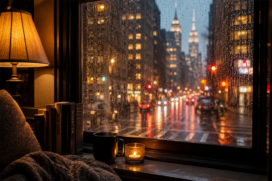 Rain-streaked window overlooking a blurred New York City street at night