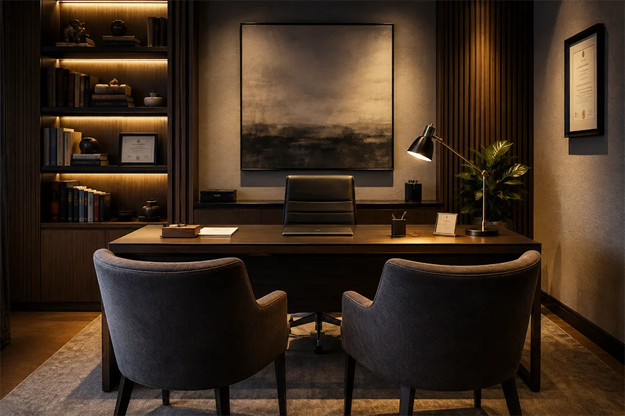 Private consultation office with two chairs facing a desk