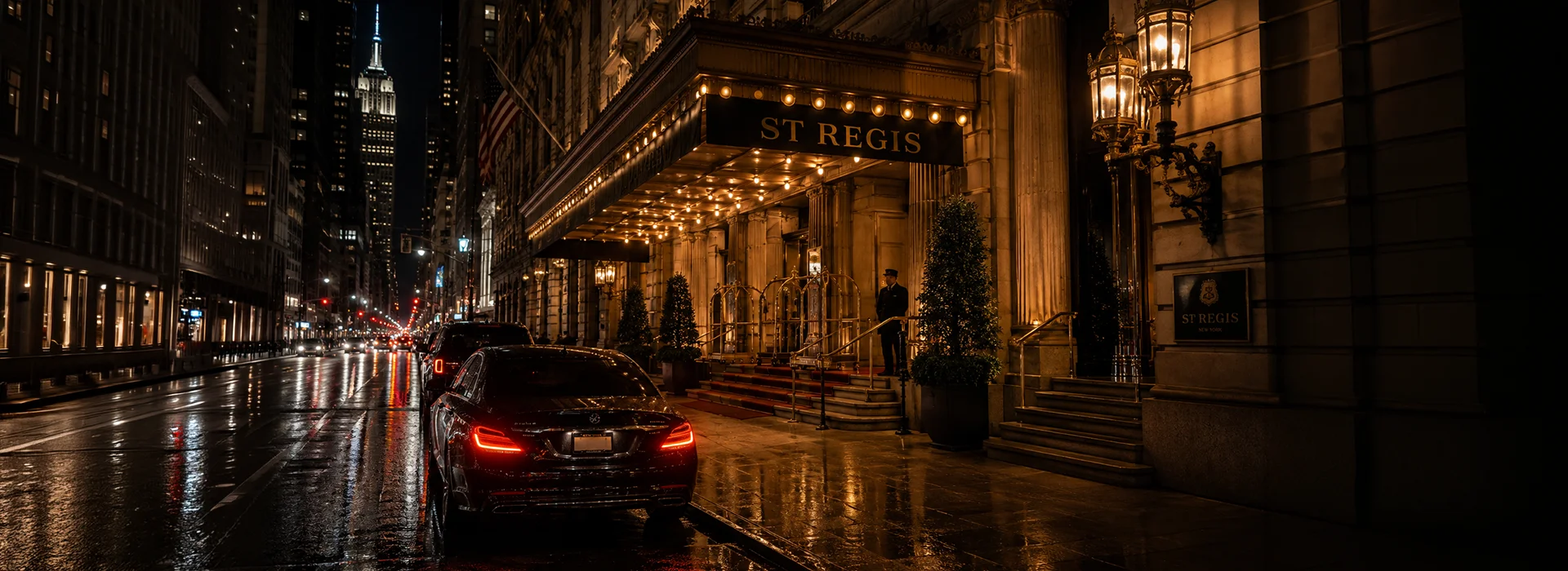 Luxury Manhattan hotel entrance at night with a chauffeured car waiting at the curb
