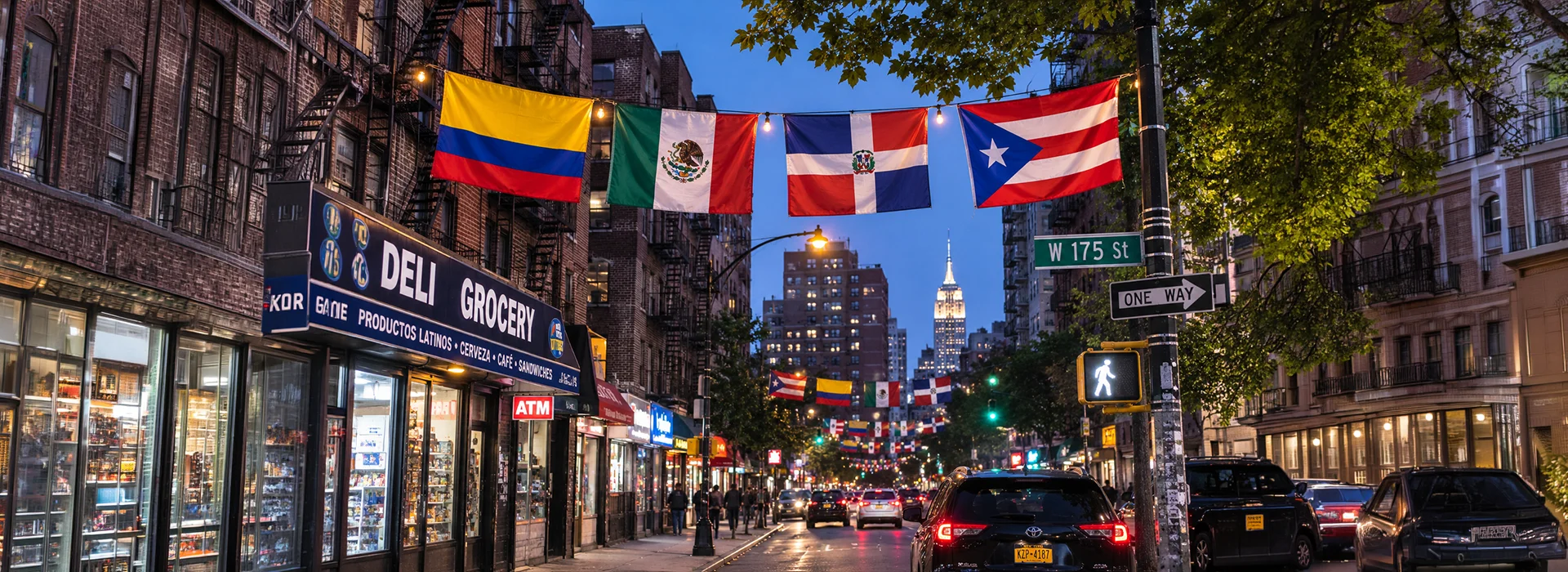 Latin American flags — Colombia, Mexico, Dominican Republic and Puerto Rico — hanging over a New York City avenue