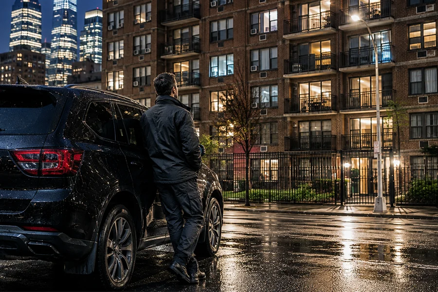 Private investigator leaning against a dark vehicle observing a New York apartment building at night