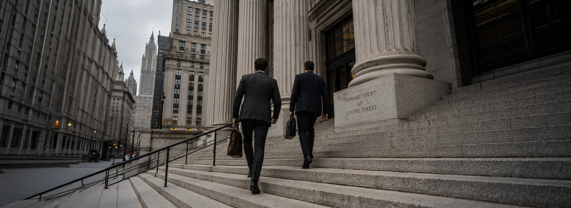 Attorneys climbing the steps of a New York City courthouse to access court records