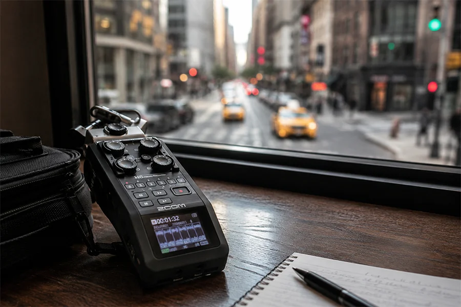 Field audio recorder on a table with a blurred New York City street visible through the window