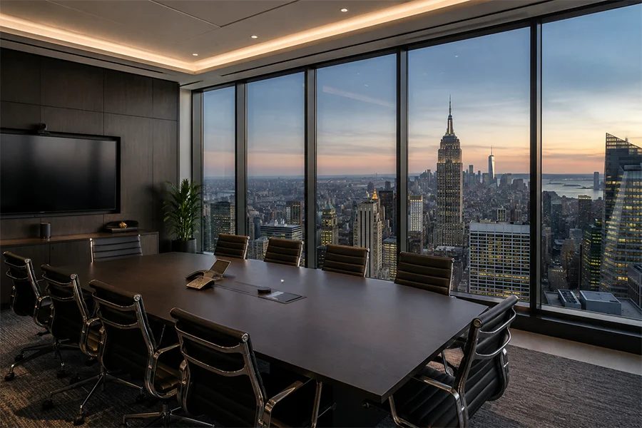 Professional conference room with a panoramic view of the New York City skyline