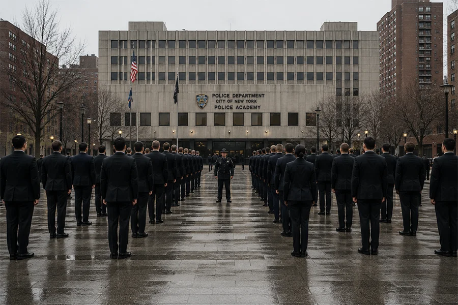 Rows of NYPD officers standing in formation at the Police Academy